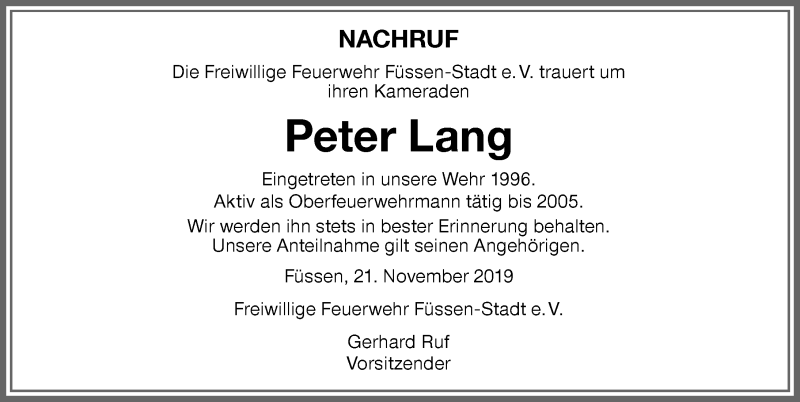  Traueranzeige für Peter Lang vom 21.11.2019 aus Allgäuer Zeitung, Füssen