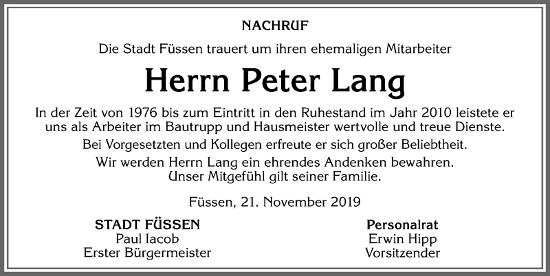  Traueranzeige für Peter Lang vom 21.11.2019 aus Allgäuer Zeitung, Füssen