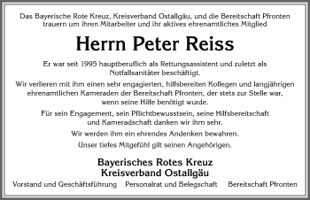 Traueranzeige von Peter Reiss von Allgäuer Zeitung, Füssen