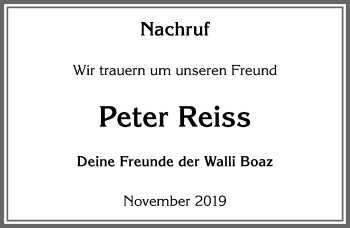 Traueranzeige von Peter Reiss von Allgäuer Zeitung, Füssen