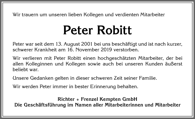  Traueranzeige für Peter Robitt vom 20.11.2019 aus Allgäuer Zeitung, Gesamtausgabe
