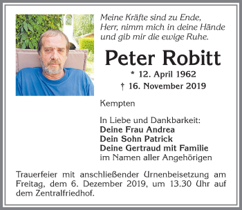 Traueranzeige von Peter Robitt von Allgäuer Zeitung,Kempten