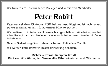 Traueranzeige von Peter Robitt von Allgäuer Zeitung, Gesamtausgabe