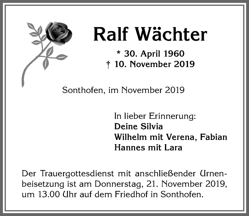  Traueranzeige für Ralf Wächter vom 16.11.2019 aus Allgäuer Anzeigeblatt