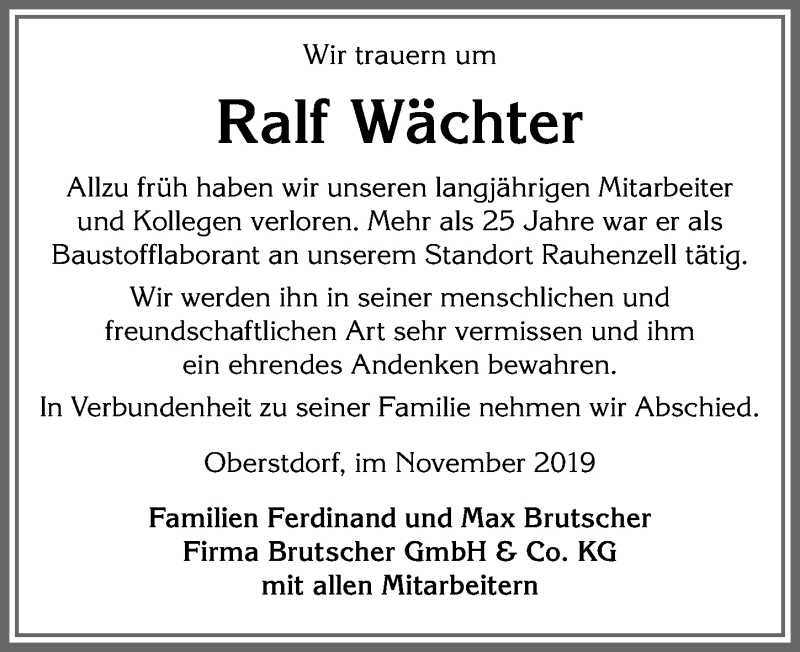  Traueranzeige für Ralf Wächter vom 16.11.2019 aus Allgäuer Anzeigeblatt