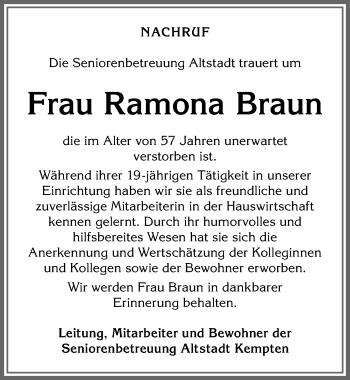 Traueranzeige von Ramona Braun von Allgäuer Zeitung,Kempten