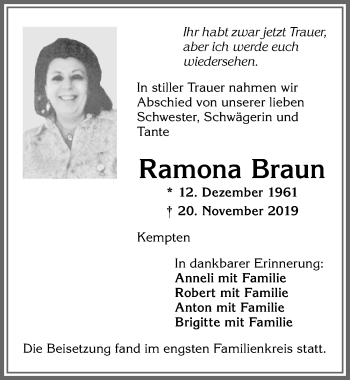 Traueranzeige von Ramona Braun von Allgäuer Zeitung,Kempten