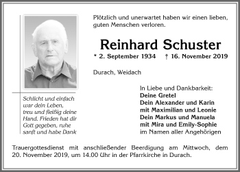 Traueranzeige von Reinhard Schuster von Allgäuer Zeitung,Kempten