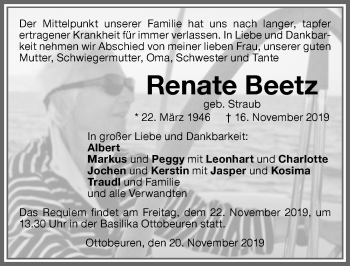 Traueranzeige von Renate Beetz von Memminger Zeitung