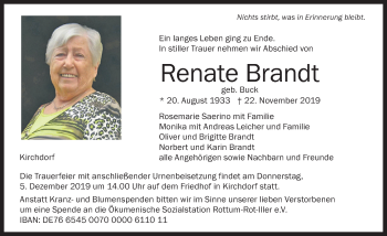 Traueranzeige von Renate Brandt von Memminger Zeitung