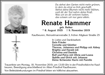 Traueranzeige von Renate Hammer von Allgäuer Zeitung, Kaufbeuren/Buchloe