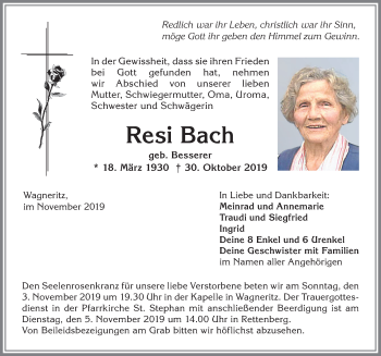 Traueranzeige von Resi Bach von Allgäuer Anzeigeblatt