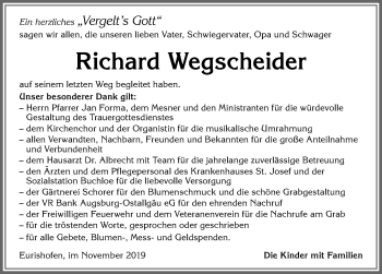 Traueranzeige von Richard Wegscheider von Allgäuer Zeitung, Kaufbeuren/Buchloe