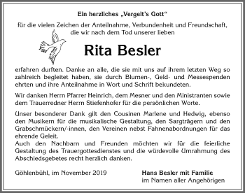 Traueranzeige von Rita Besler von Allgäuer Anzeigeblatt