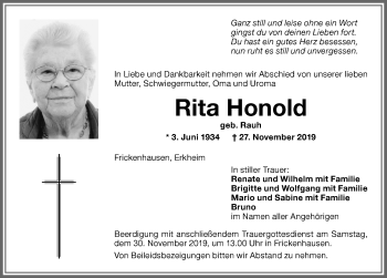 Traueranzeige von Rita Honold von Memminger Zeitung
