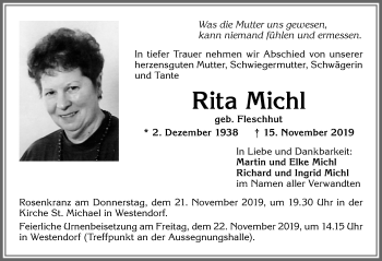 Traueranzeige von Rita Michl von Allgäuer Zeitung, Kaufbeuren/Buchloe
