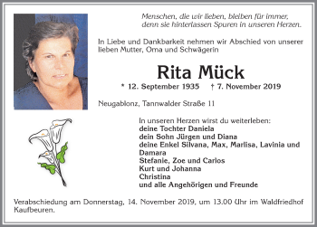 Traueranzeige von Rita Mück von Allgäuer Zeitung, Kaufbeuren/Buchloe