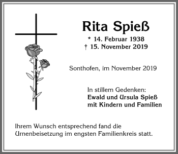 Traueranzeige von Rita Spieß von Allgäuer Anzeigeblatt