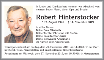 Traueranzeige von Robert Hinterstocker von Allgäuer Zeitung, Kaufbeuren/Buchloe