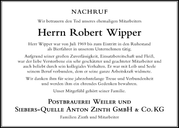 Traueranzeige von Robert Wipper von Der Westallgäuer