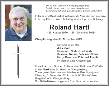 Traueranzeige von Roland Hartl von Allgäuer Zeitung, Marktoberdorf