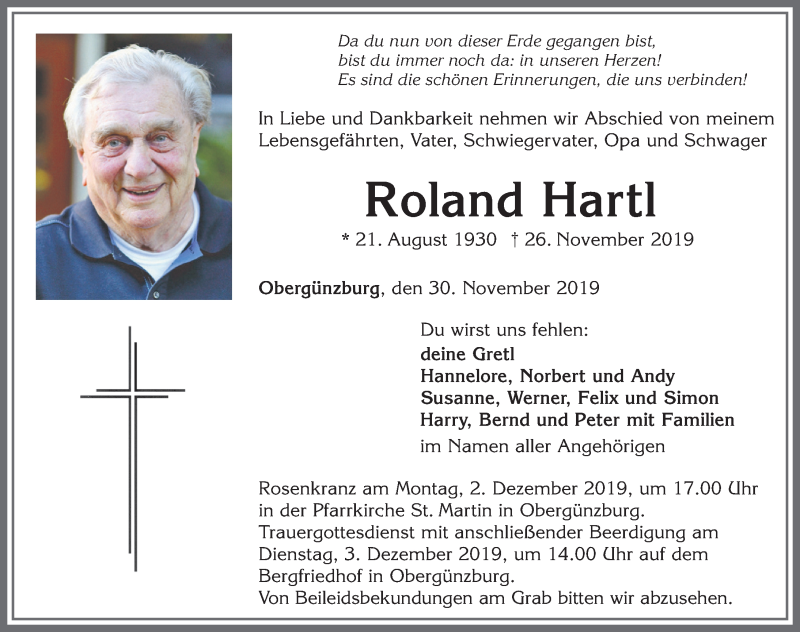  Traueranzeige für Roland Hartl vom 30.11.2019 aus Allgäuer Zeitung, Marktoberdorf
