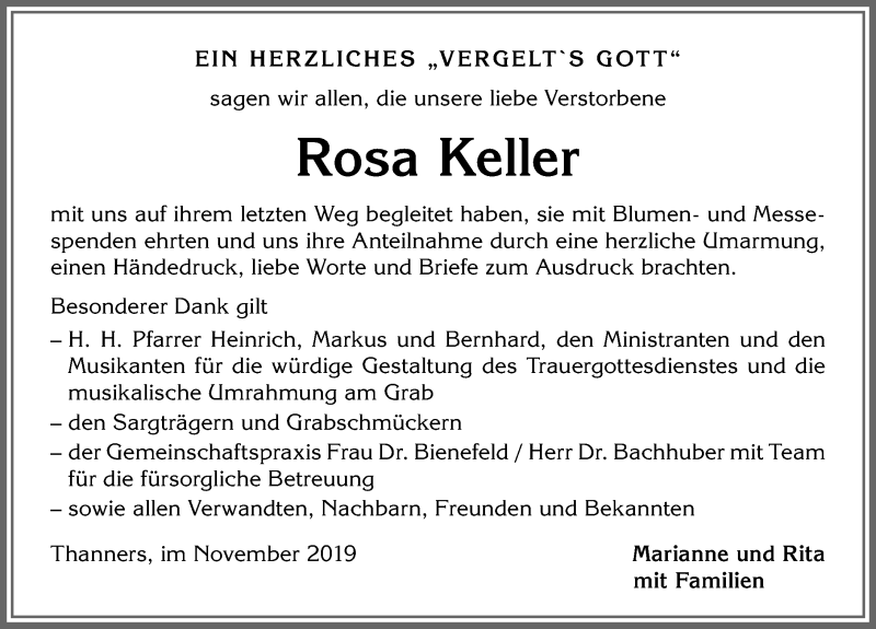  Traueranzeige für Rosa Keller vom 16.11.2019 aus Allgäuer Zeitung