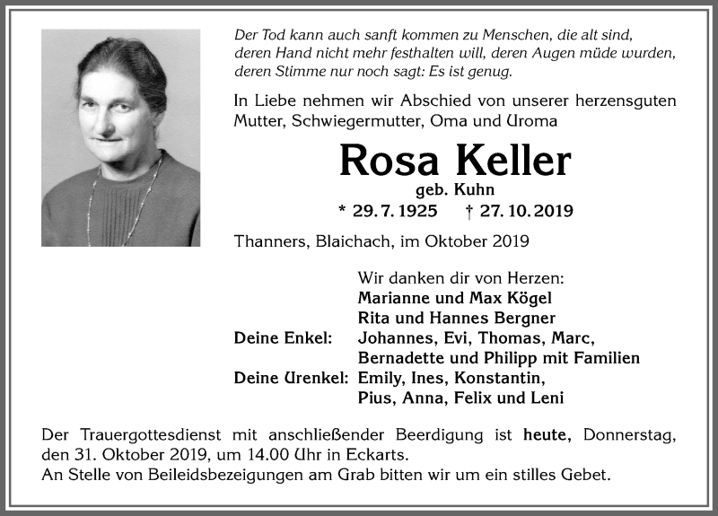  Traueranzeige für Rosa Keller vom 31.10.2019 aus Allgäuer Zeitung,Kempten