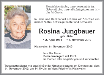 Traueranzeige von Rosina Jungbauer von Allgäuer Zeitung,Kempten