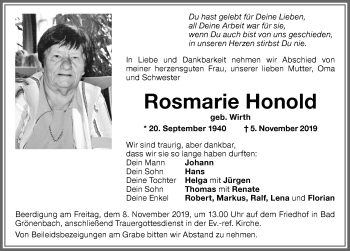 Traueranzeige von Rosmarie Honold von Memminger Zeitung