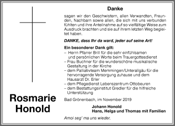 Traueranzeige von Rosmarie Honold von Memminger Zeitung