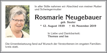 Traueranzeige von Rosmarie Neugebauer von Allgäuer Zeitung, Kaufbeuren/Buchloe