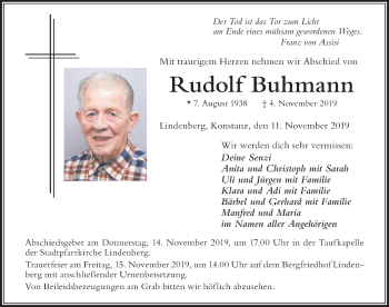 Traueranzeige von Rudolf Buhmann von Der Westallgäuer