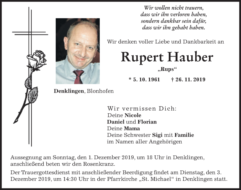  Traueranzeige für Rupert Hauber vom 30.11.2019 aus Allgäuer Zeitung, Kaufbeuren/Buchloe