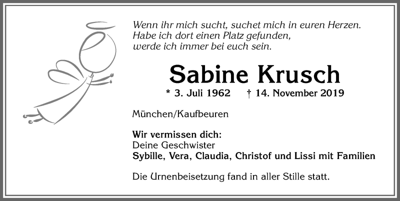  Traueranzeige für Sabine Krusch vom 30.11.2019 aus Allgäuer Zeitung, Kaufbeuren/Buchloe