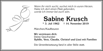 Traueranzeige von Sabine Krusch von Allgäuer Zeitung, Kaufbeuren/Buchloe