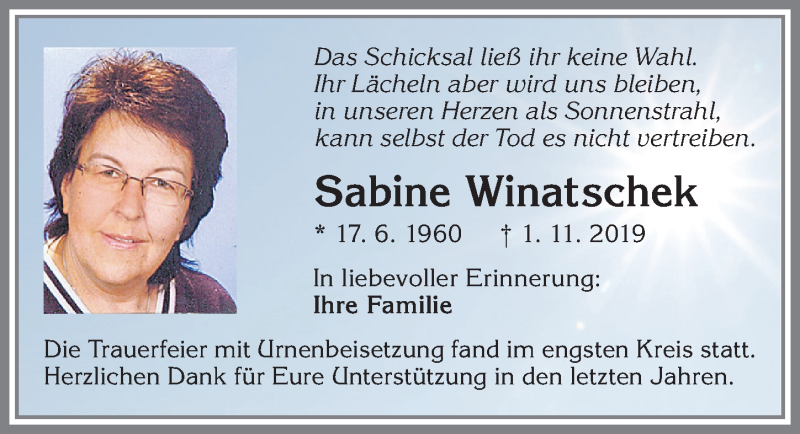  Traueranzeige für Sabine Winatschek vom 16.11.2019 aus Allgäuer Zeitung, Kaufbeuren/Buchloe