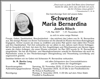 Traueranzeige von Schwester Maria Bernardina von Allgäuer Zeitung