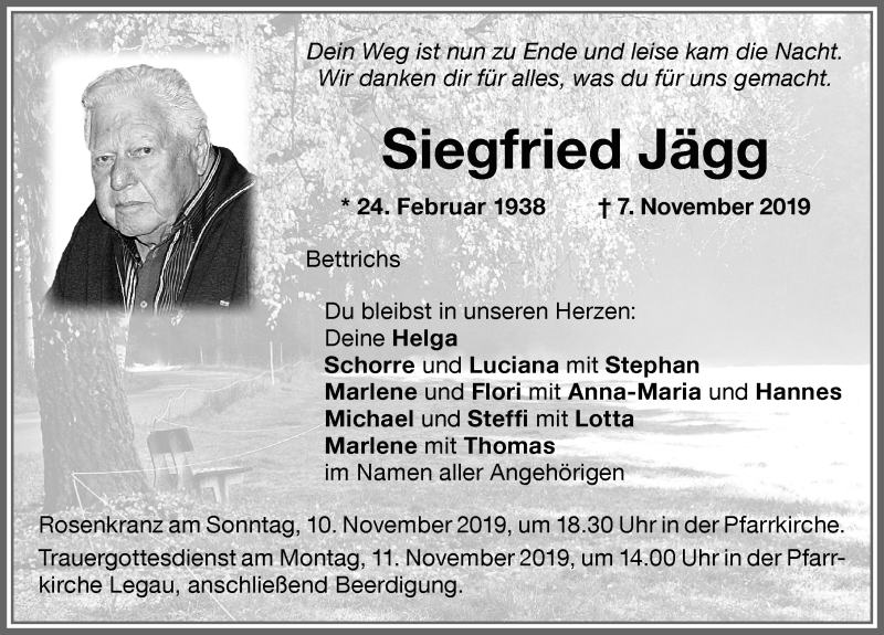  Traueranzeige für Siegfried Jägg vom 09.11.2019 aus Memminger Zeitung