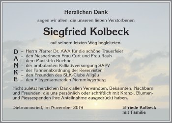 Traueranzeige von Siegfried Kolbeck von Allgäuer Zeitung,Kempten