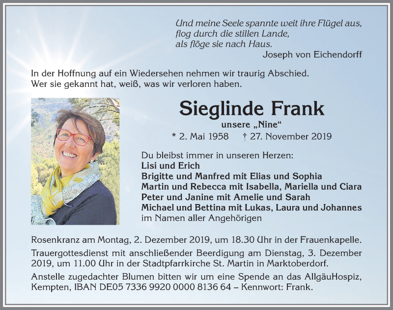  Traueranzeige für Sieglinde Frank vom 30.11.2019 aus Allgäuer Zeitung, Marktoberdorf