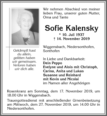 Traueranzeige von Sofie Kalensky von Allgäuer Zeitung,Kempten