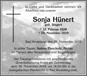 Traueranzeige von Sonja Hünert von Allgäuer Anzeigeblatt