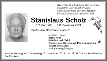 Traueranzeige von Stanislaus Scholz von Allgäuer Zeitung, Kaufbeuren/Buchloe