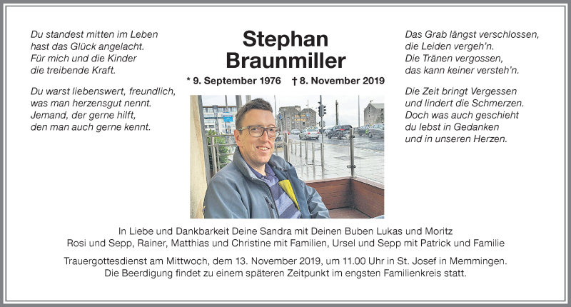  Traueranzeige für Stephan Braunmiller vom 11.11.2019 aus Memminger Zeitung
