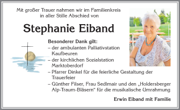 Traueranzeige von Stephanie Eiband von Allgäuer Zeitung, Marktoberdorf