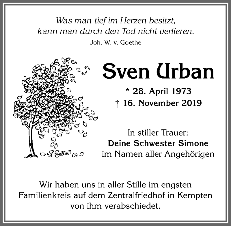  Traueranzeige für Sven Urban vom 26.11.2019 aus Allgäuer Zeitung,Kempten