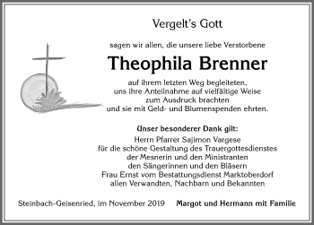 Traueranzeige von Theophila Brenner von Allgäuer Zeitung, Marktoberdorf