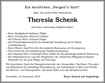 Traueranzeige von Theresia Schenk von Allgäuer Anzeigeblatt
