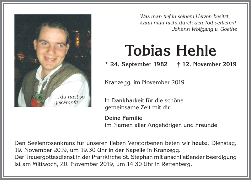 Traueranzeige für Tobias Hehle vom 19.11.2019 aus Allgäuer Anzeigeblatt